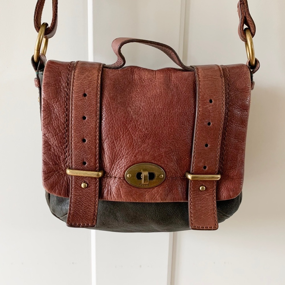 Fossil Olive Green & Brown Leather Crossbody Purse